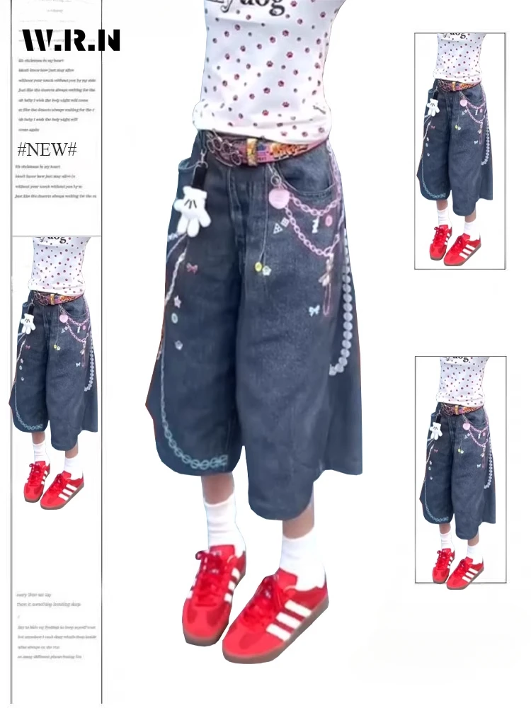 

Women Vintage Print Oversized Denim Shorts Retro High Waist Grunge 2000s Street Jeans Casual Trashy 2000s Y2K Emo Shorts