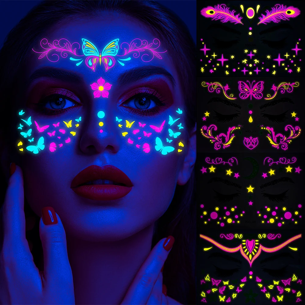 1Sheet Fluorescent Face Stickers Glow In The Dark UV Neon Temporary Tattoos Waterproof Glow Fake Tattoo For Party Music Festival