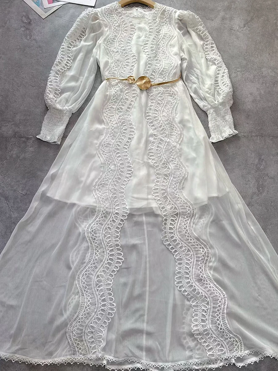 Sukienka damska VGH Solid Gentel Style, patchworkowa, z metalowymi szarfami, dekolt okrągły, rękawy typu lampion, prześwitująca koronka, elegancka, długa, nowa.