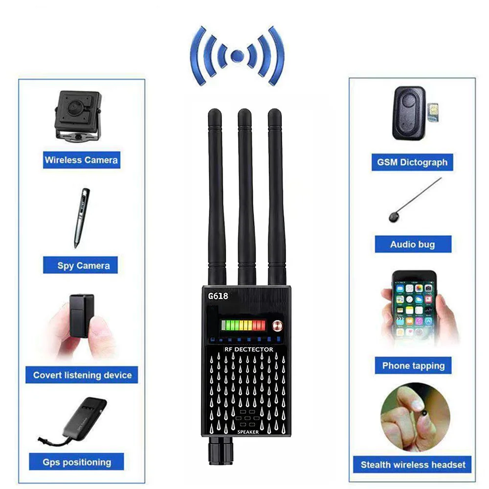 Caméra cachée anti-espion G318, détecteur de signal RF sans fil, objectif d'insecte, poignées de caméra espion, détecteur audio, traqueur GPS, EAU de voiture, G618