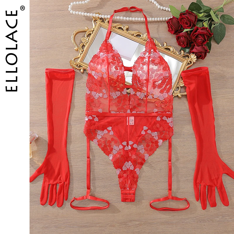 

Ellolace Sexy Female Lingerie Lace Bodysuit Valentine Love Embroidery See Thorugh Body With Gloves Crotchless Erotic Costume