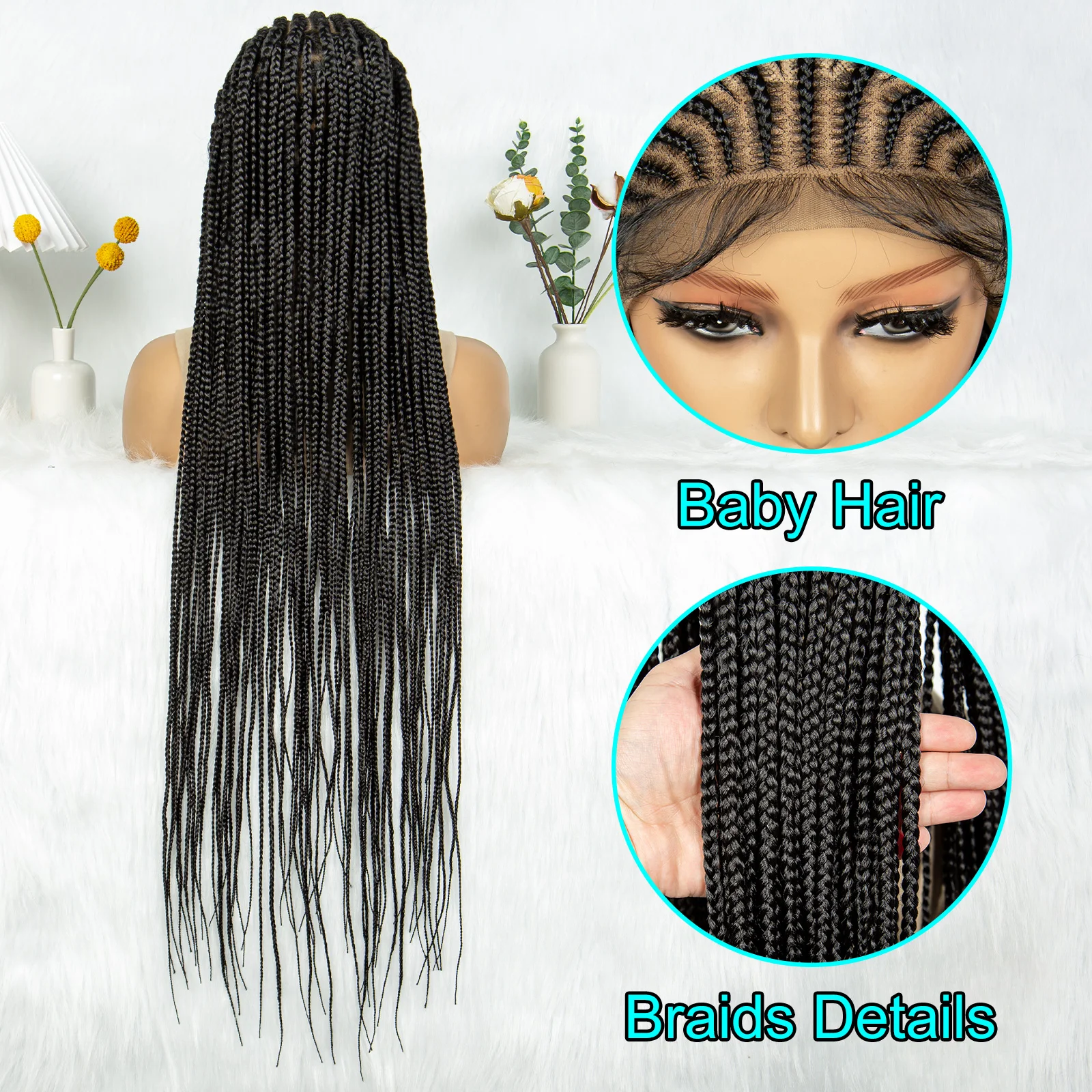 KIMA 34 inch Tribal Cornrow Braided Wigs Synthetic Transparent Full Lace Wig Box Braids With Baby Hair for Black Women
