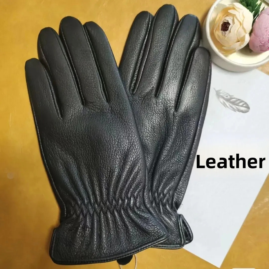 Leather Gloves Men's Casual Warmth Fleece Lined Top Layer Deer Skin Motorcycle Riding Gloves Thickened Autumn Winter New Arrival