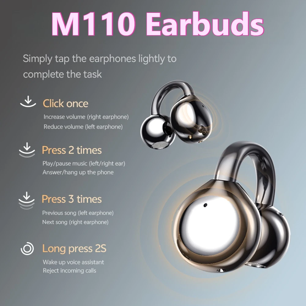 Écouteurs sans fil M110 Bluetooth 5.4 avec traduction IA, écouteurs à clip d'oreille antidérapants pour la course et le sport 360 °   Étui de chargement avec microphone intégré