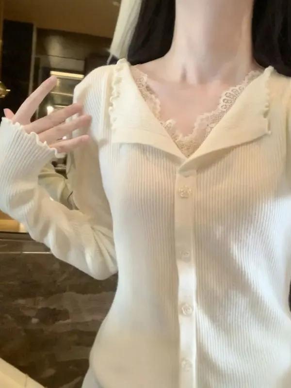 

Slimming Lace V-Ne Knitwear Winter Faion Sle Beautiful Design Sensation Soft Cotton Long Sve Women's Cardigan