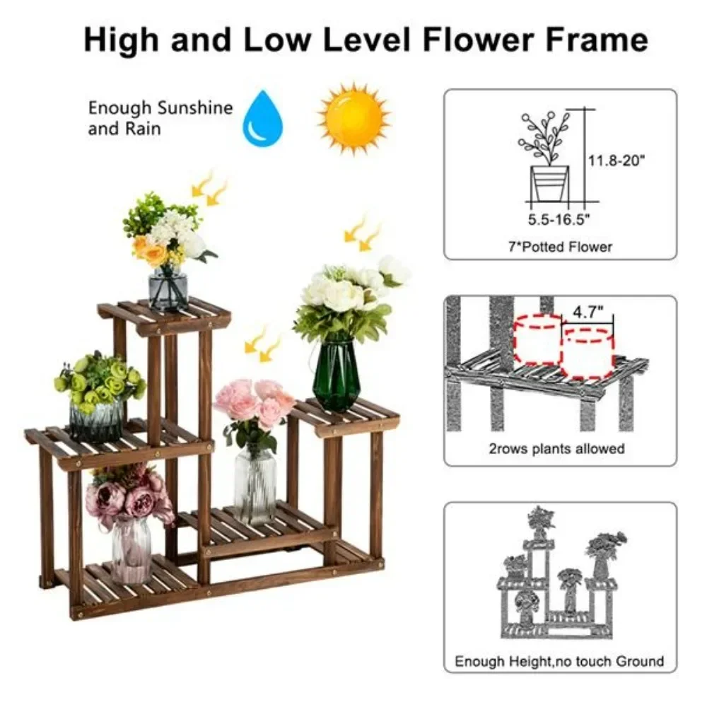 Multi-Function Carbonized Wood Plant Stand Multifunctional carbonized wood plant frame with 4 floors and 7 rooms Plant Shelves