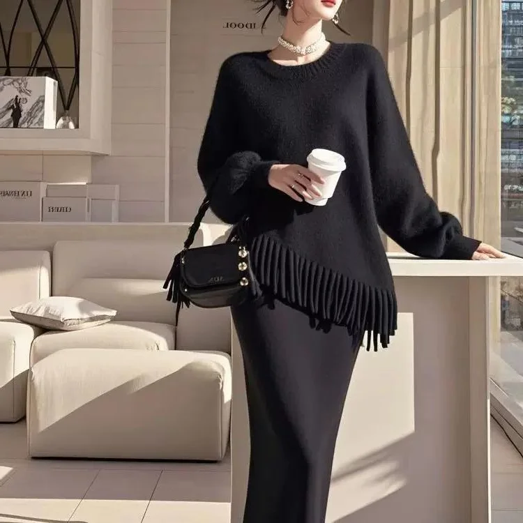 

Extra Large Size Sweater Fringed Hem Loose Design Autumn Winter Outerwear Commute Knitwear Korean Style Shape Fit