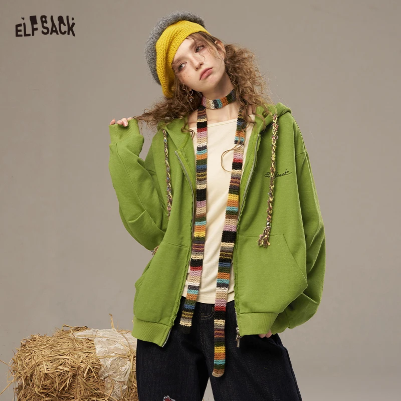 

ELFSACK 2025 Autumn New Arrivals Casual Y2K Colorful Thick Drawstrings Loose-Fitting Hooded Jacket For Woman