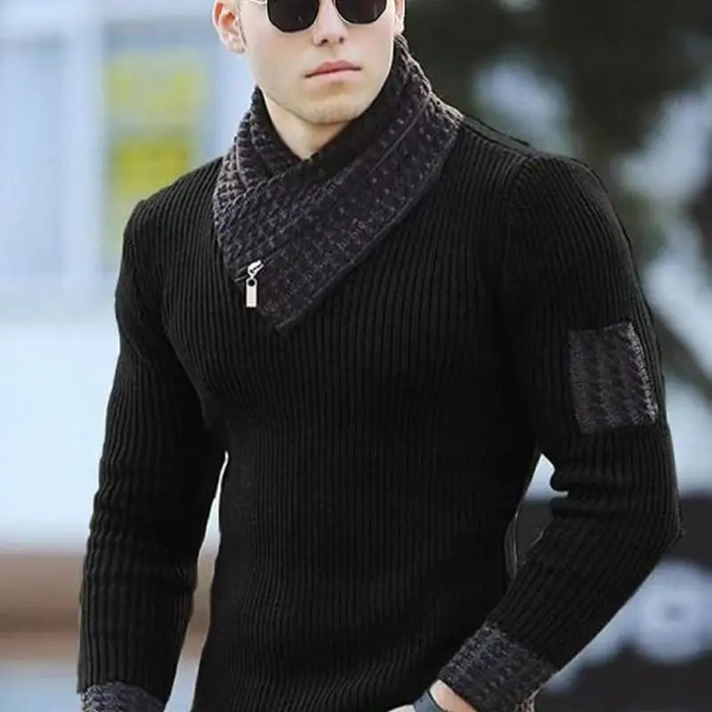 2025 Men's Slim-Fit Pullover Sweater With Long Sleeves Scarf Collar For Warmth And Comfort In Autumn And Winter