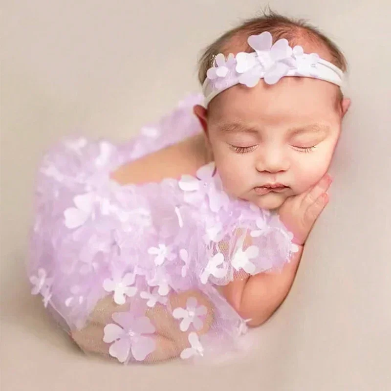 Conjunto de 2 piezas de fotografía para recién nacido, trajes de fotografía para niña, pelele con flores bordadas, diadema, ropa para sesión de fotos de niña