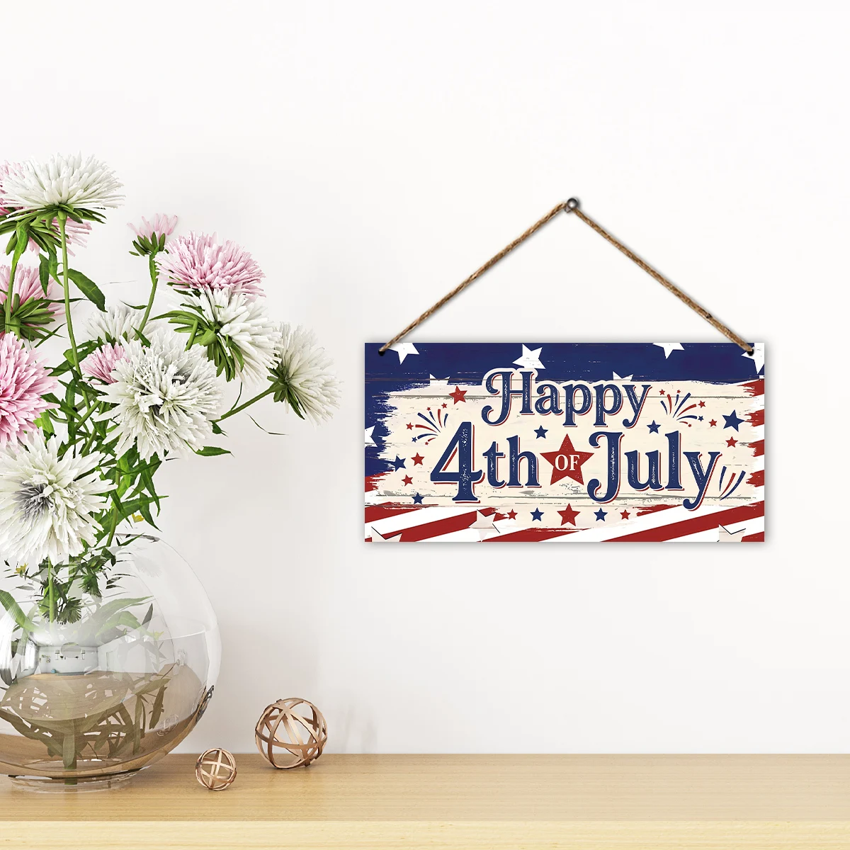 1pc Vintage Happy 4th Of July Wooden Hanging Sign,Patriotic Wall Decor Plaque With Rope,For Independence Day Holiday Party Decor