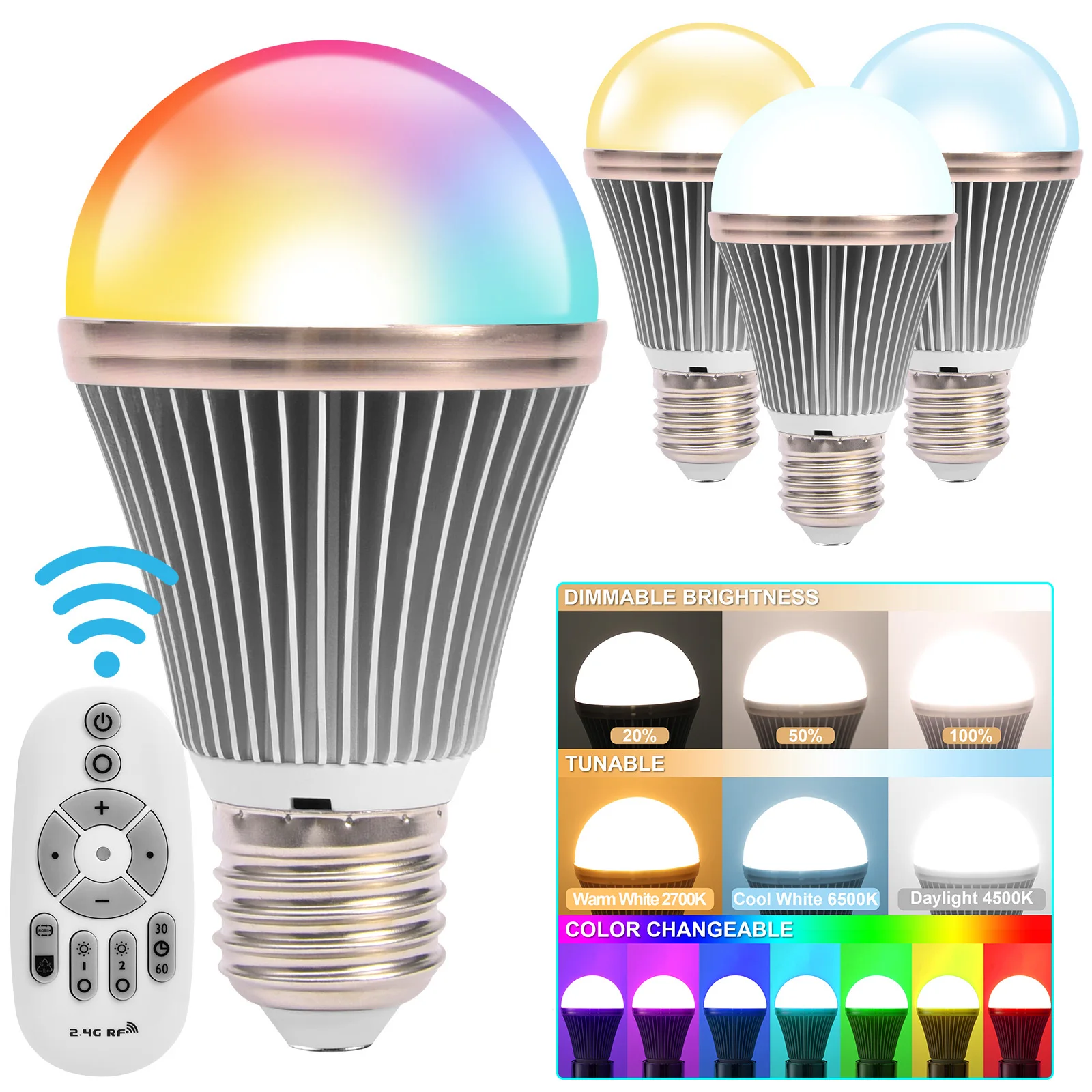 E27 RGB LED Bulb Lights With RF Remote Control 2500K-6500K Changeable Colorful RGBWY Lampada Lamp 9W Aluminium Indoor Lighting