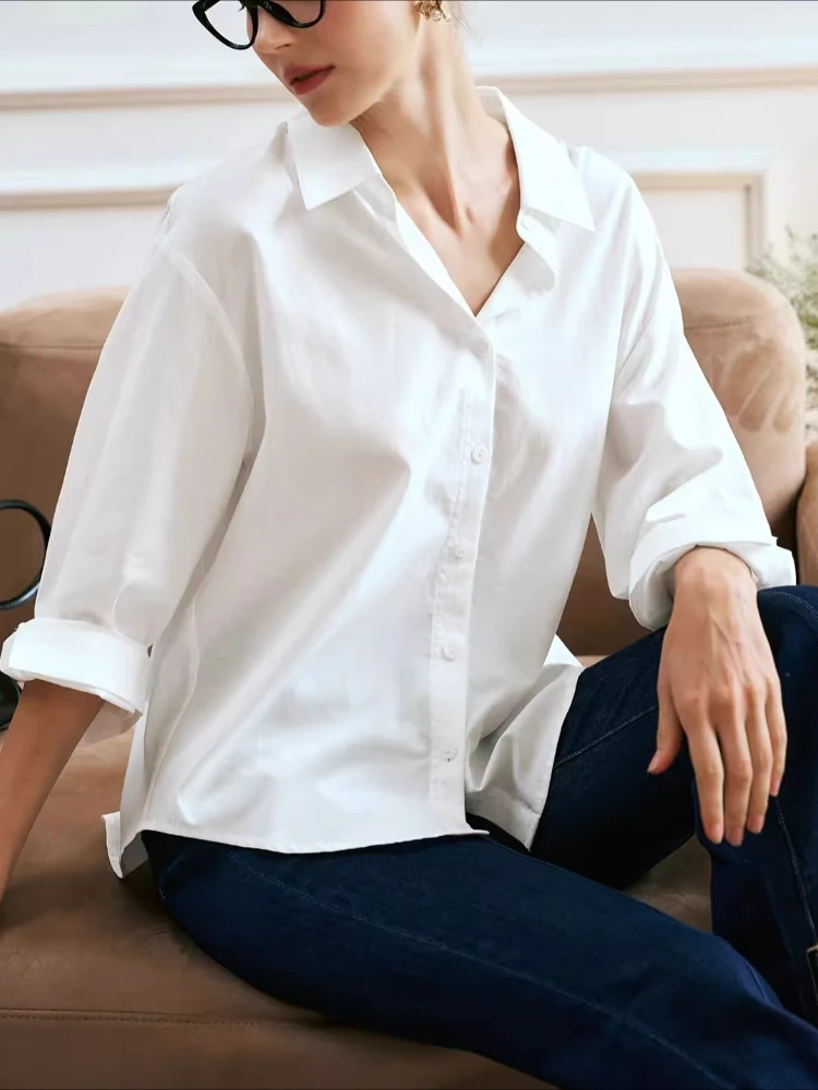 OLrain Women's White Long Sleeve Shirt 2025 Autumn New Arrival Loose-fit Turn-down Collar Dropped Shoulders Shirt O57QC83600
