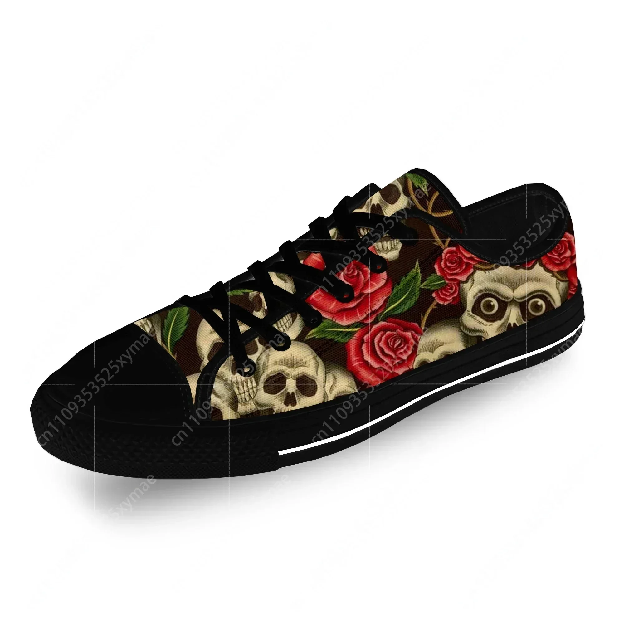 Sugar Skull Rose Flower Hot Funny Casual Cloth Fashion 3D Print Low Top Canvas Shoes Men Women Lightweight Breathable Sneakers view 2
