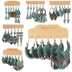 Vintage Ethnic Geometry Bronze Earrings Set For Women Bohemian Tassel Triangle Drop Dangling Earring Jewelry
