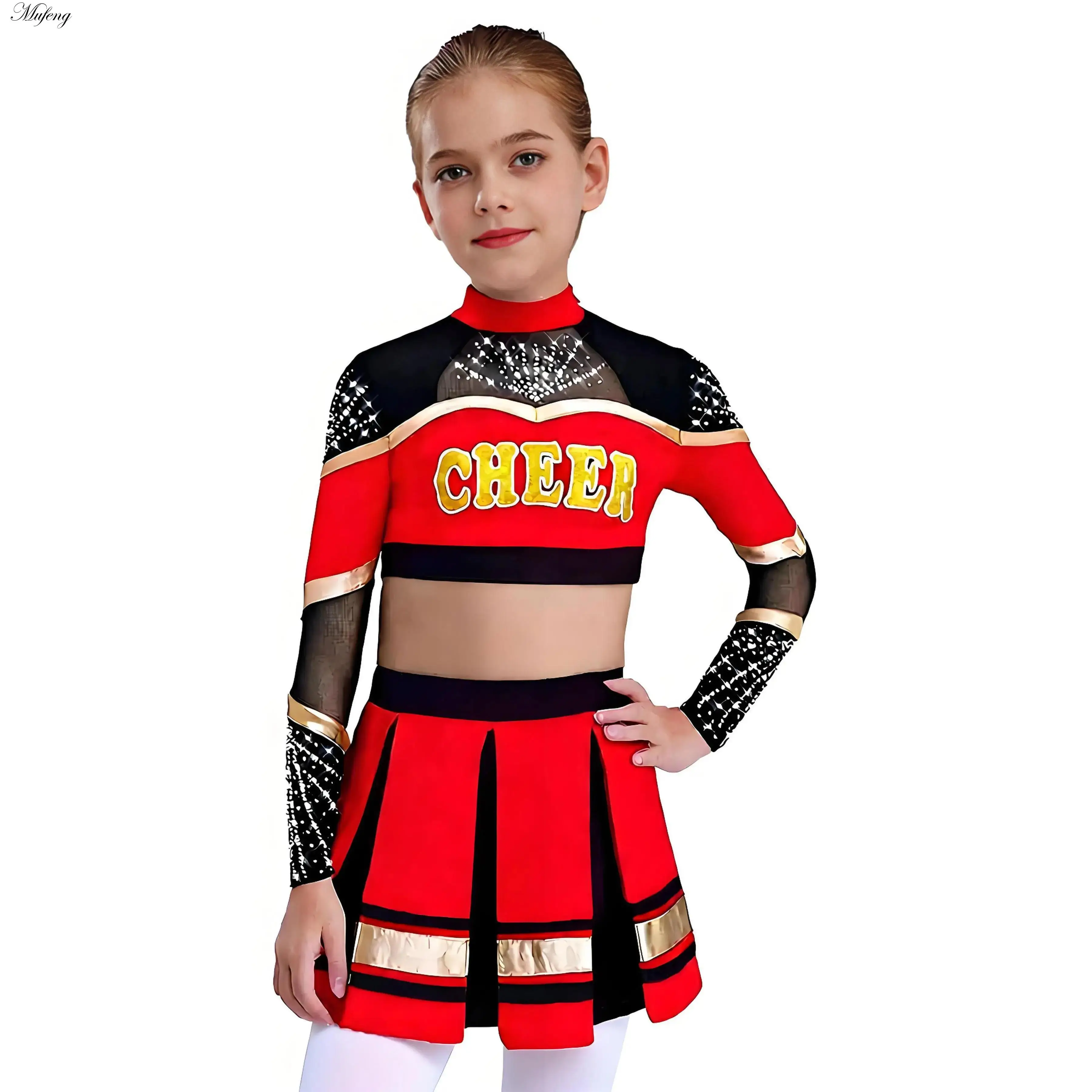 

Костюм для чирлидинга для девочек: танцевальный наряд с длинным рукавом, укороченный топ со стразами и плиссированная юбка, униформа для танцев и чирлидинга