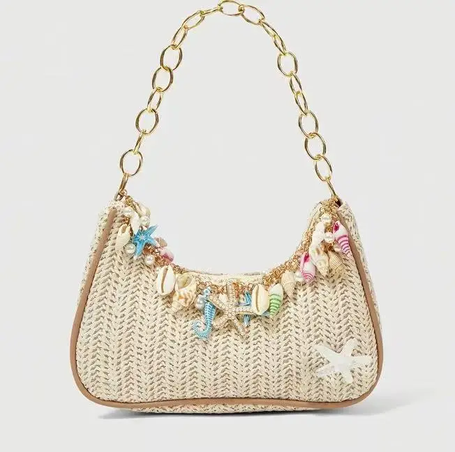 Böhmische Sommer-Strohtasche mit Muschel-, Seestern- und Seepferdchen-Anhängern, perfekt für Strandurlaub und tropische Ausflüge – Detail 2