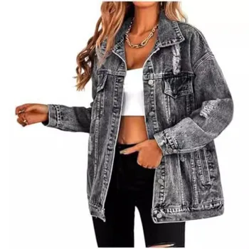 Premium Women's Denim Jacket Euramerican Hole Design Harajuku Style Workwear Trendy Fall Winter Outerwear Casual Loose Fit Coat 6