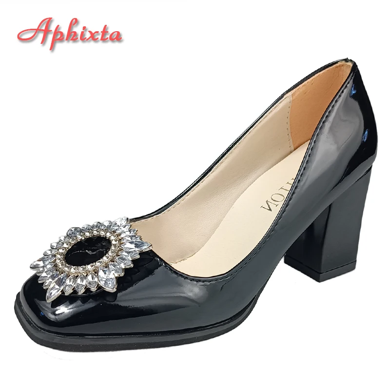 

Aphixta 2022 Luxury Sun Crystals Buckle 2.75Inch Chunky Heels Pumps Women Shoes Wine Square Toe Patent Leather Plus Szie 46