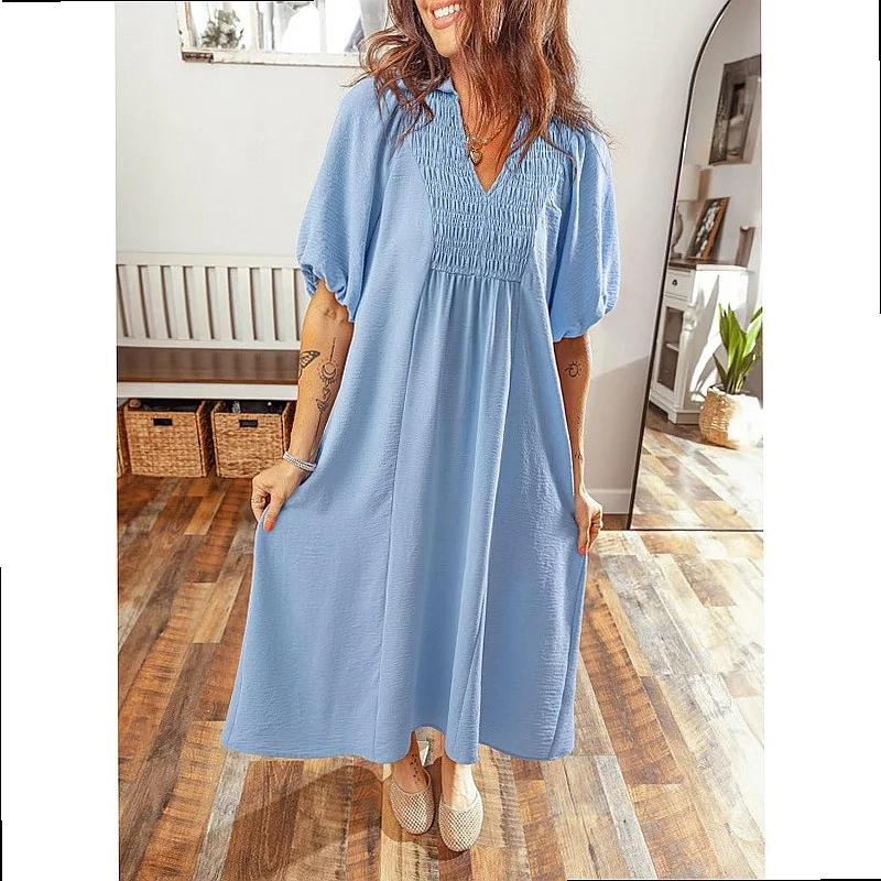 V Neck Bubble Sleeve Dress A Line Waist Slimming Dress Summer Spring Casual Dresses