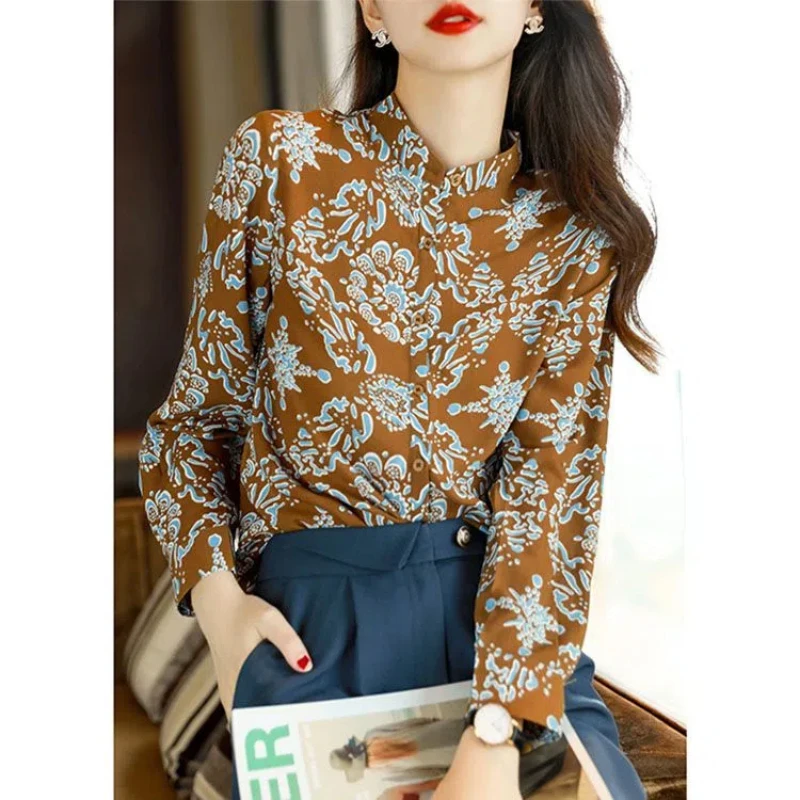 Spring Autumn New Fashion Stand Collar Long Sleeve Printing Blouses Women\'s Clothing Loose Western Style All-match Trend Shirts