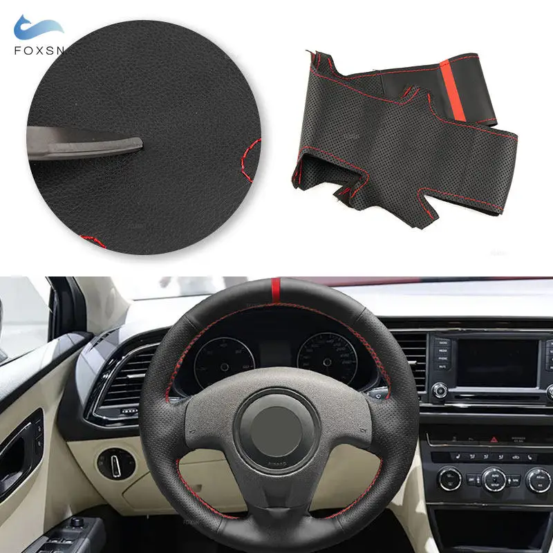 Car Accessories Steering Wheel Cover For Seat Ibiza 2004 2005 2006 Microfiber Perforated Leather Trim with Red Threads Strip