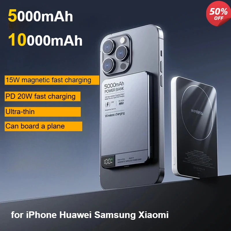 

10000mAh Magnetic Power Bank Wireless Fast Charger For Magsafe Portable Auxiliary Battery Pack For iPhone/Huawei/Samsung/Xiaomi