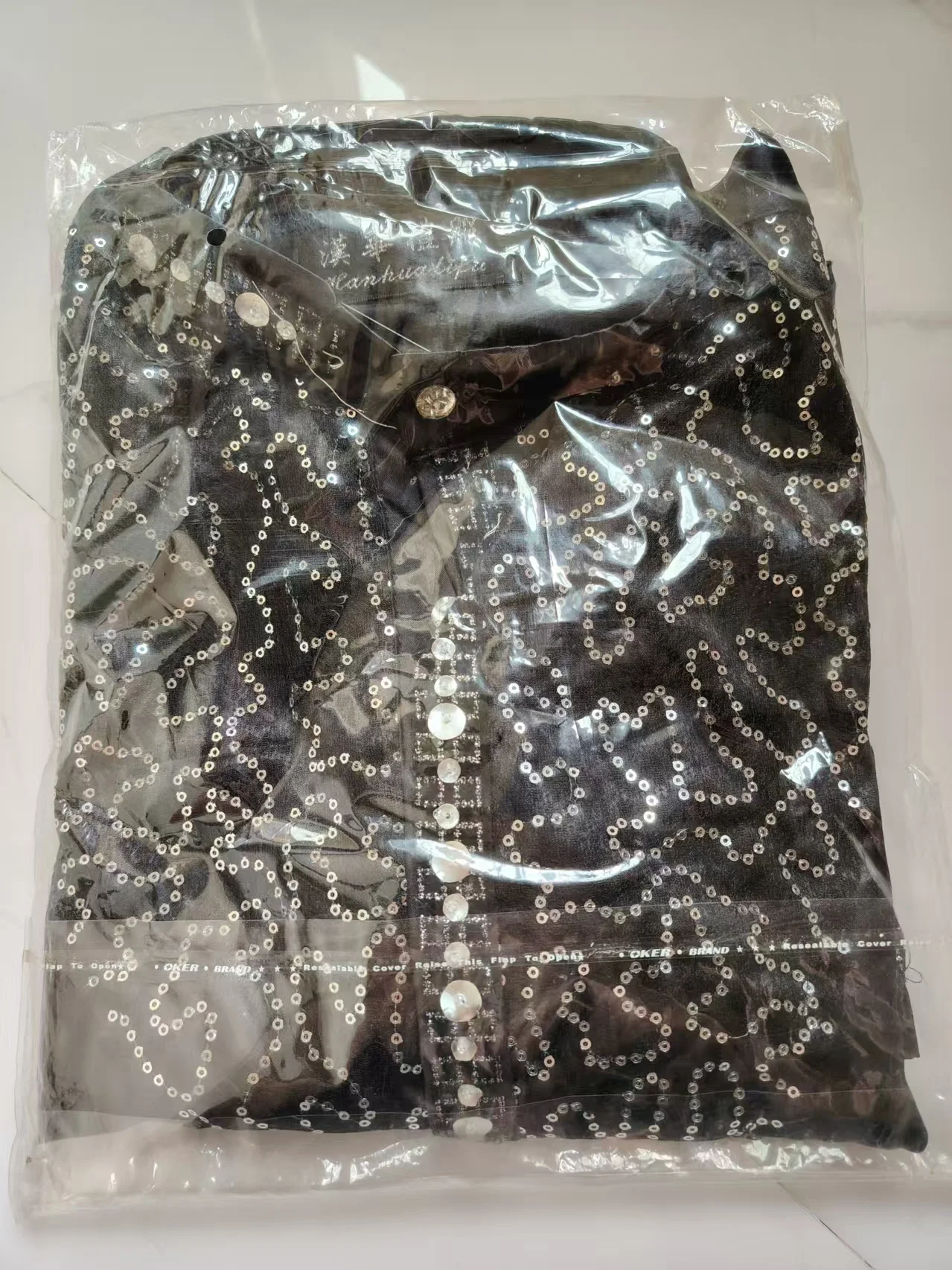 

Mens performance stage beading sequined black shirt/stand collar