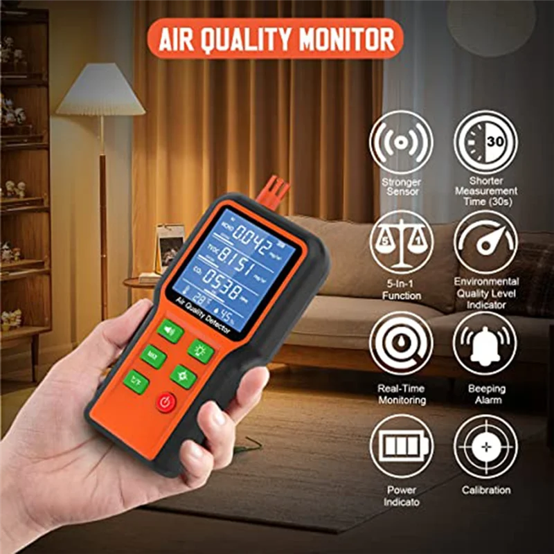 Air Quality Monitor Indoor 5-In-1 Air Quality Tester, Air Quality Meter Test Kit for House CO2, TVOC, HCHO, Humidity