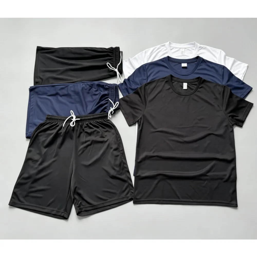 Men Quick Dry 2 Piece Tracksuit Solid Black Short Sleeve T Shirt Drawstring Shorts Sports Set