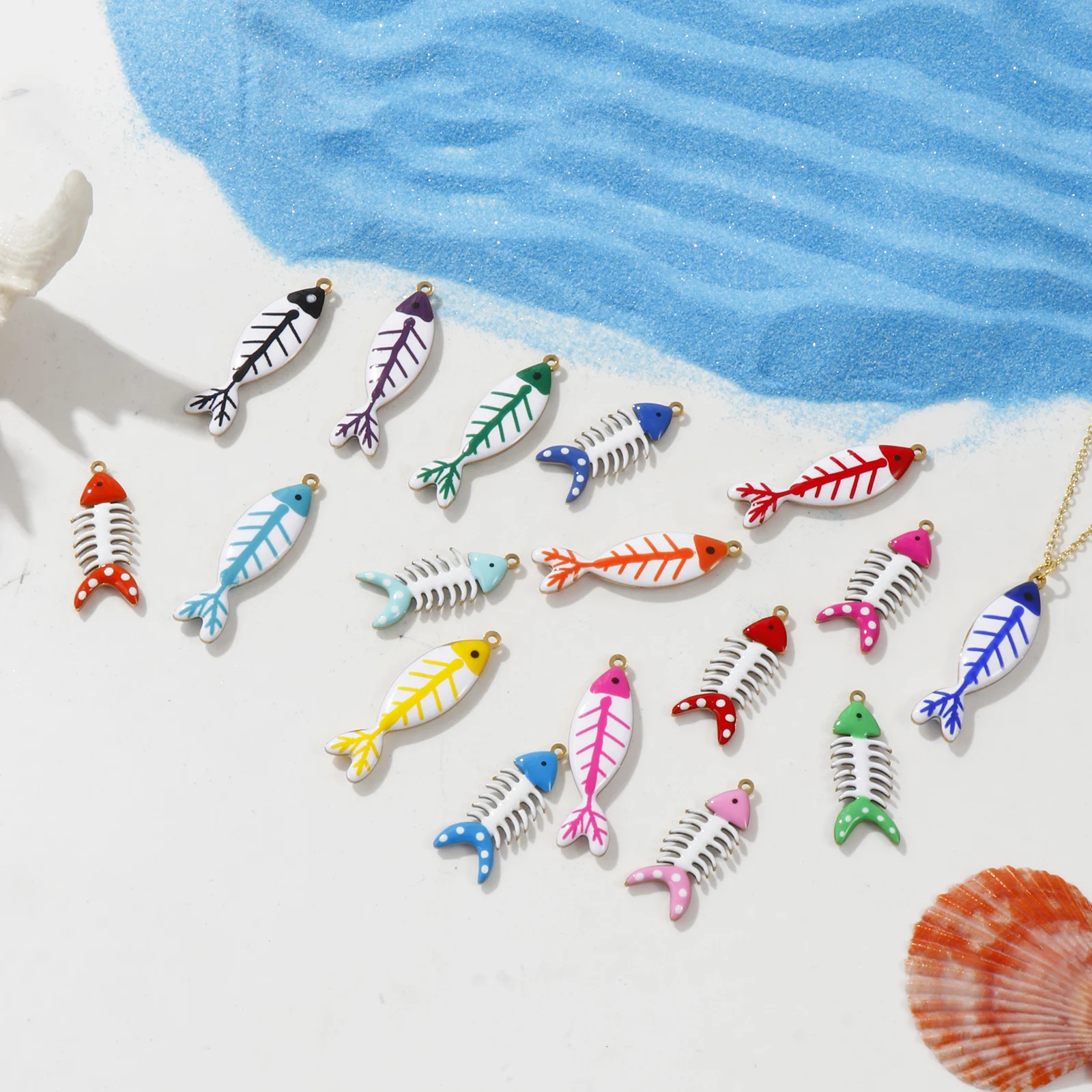 2 Pcs Double-sided Enamel Fish Bone Pendants 304 Stainless Steel Ocean Jewelry 18K Gold Plated Charms For DIY Necklace Making