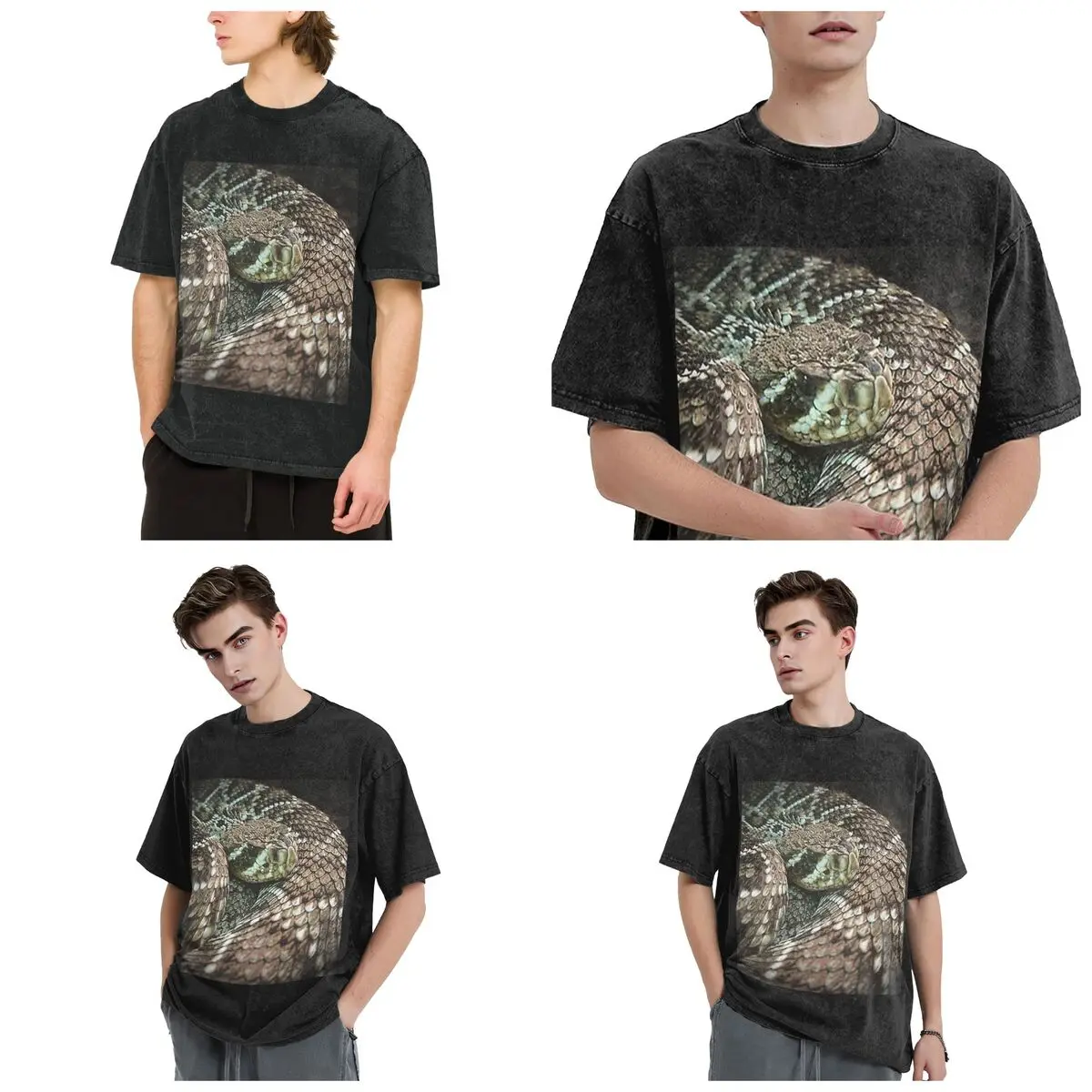Streetwear T-Shirts Snake, Coiled Diamondback Rattlesnake Washed T Shirt Short Sleeve Hip Hop T-Shirt Tops Tees for Men Women