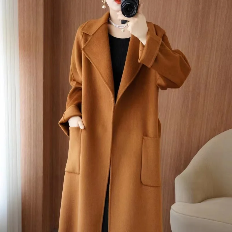 2024 Women\'s Wear 100% Wool Coat Autumn/Winter Fashion Temperament Double sided Cashmere Coats with Belt Elegant Long Overcoat
