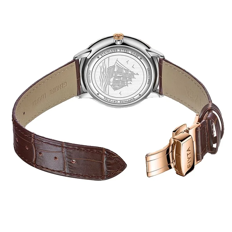 ساعة FIYTA الفاخرة كوارتز للرجال من زجاج الياقوت وأيدي مضيئة مقاومة للماء للرجال