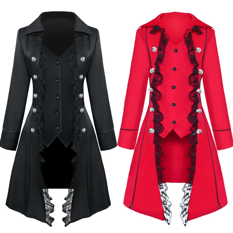 Women Medieval Gothic Long Sleeve Coat Lace Button Steampunk Victorian Cape Cosplay Costume Halloween Party Stage Outfit
