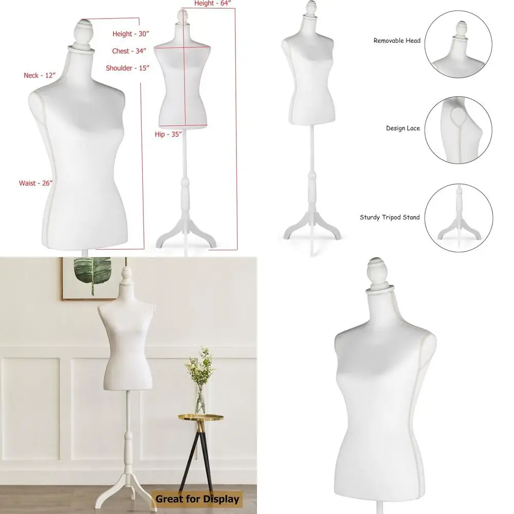 

Adjustable Height Female Mannequin with Tripod Stand for Clothing Display, White