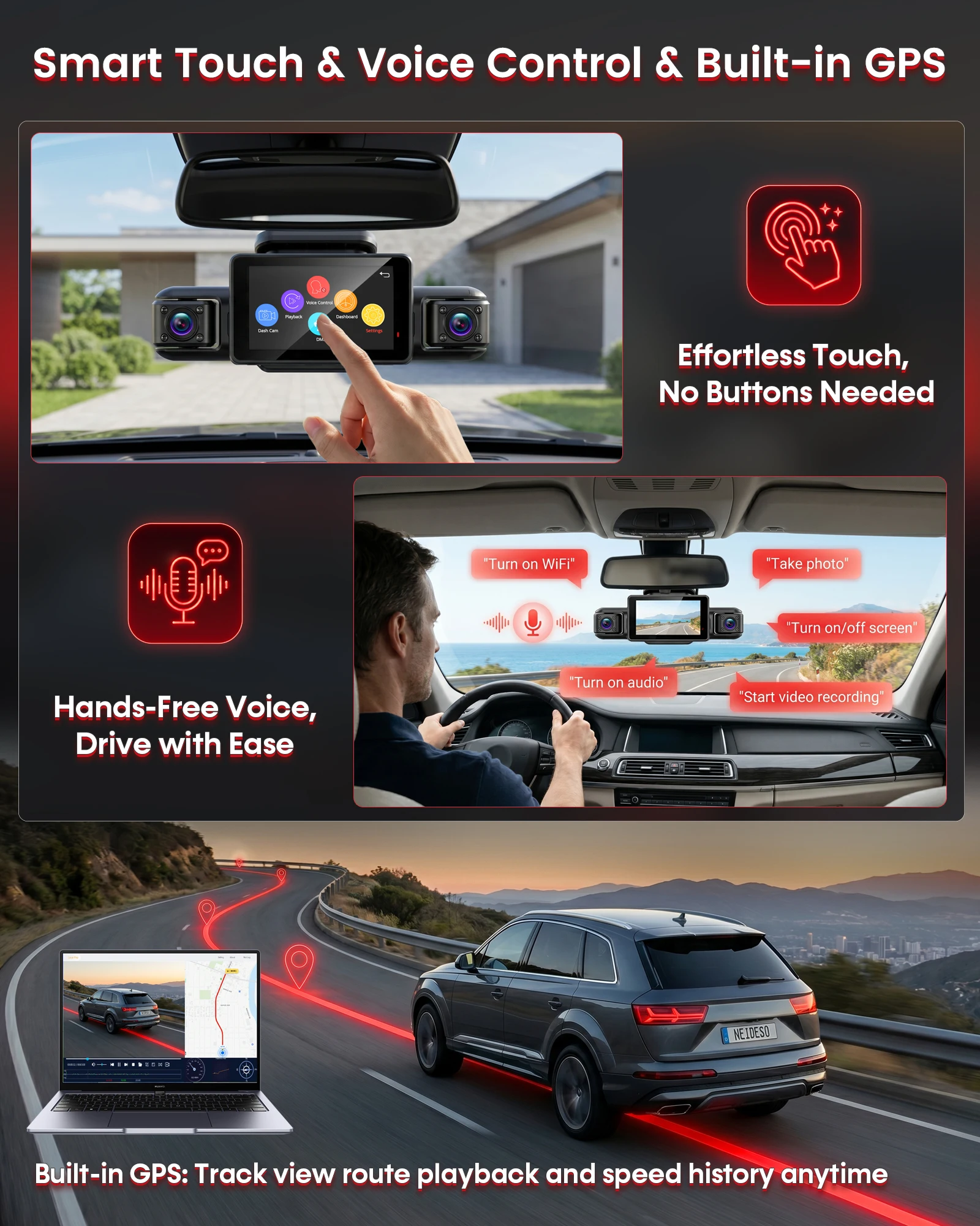 HUPEJOS V9 4CH 360° ° 4K Dashcam, KI-DMS-Monitor, WLAN & GPS, Nachtsicht, Touchscreen & Sprachsteuerung, 24/7 Parkmodus – Detail 7