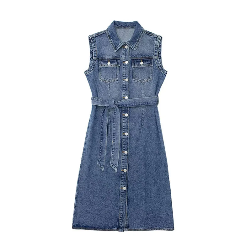 

Sleeveless Denim Dresses For Women 2024 Summer New Lapel Single Breasted Vestidos With Belt Retro High Waisted Blue Long Dress