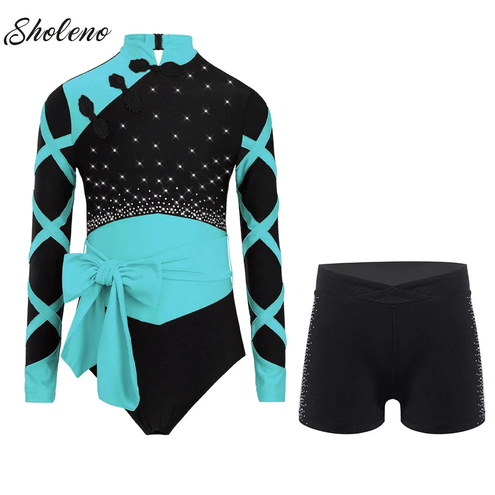 

Girls Ballet Gymnastics Sets Kid Rhinestones Long Sleeved Leotard with Shorts Athletic Unitard Biketard Dance Performance Outfit