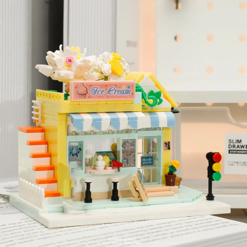 Street View Building Blocks with Light Restaurant Dessert House Bricks Kit Assemble Architecture Girls Model Kids Toy Children