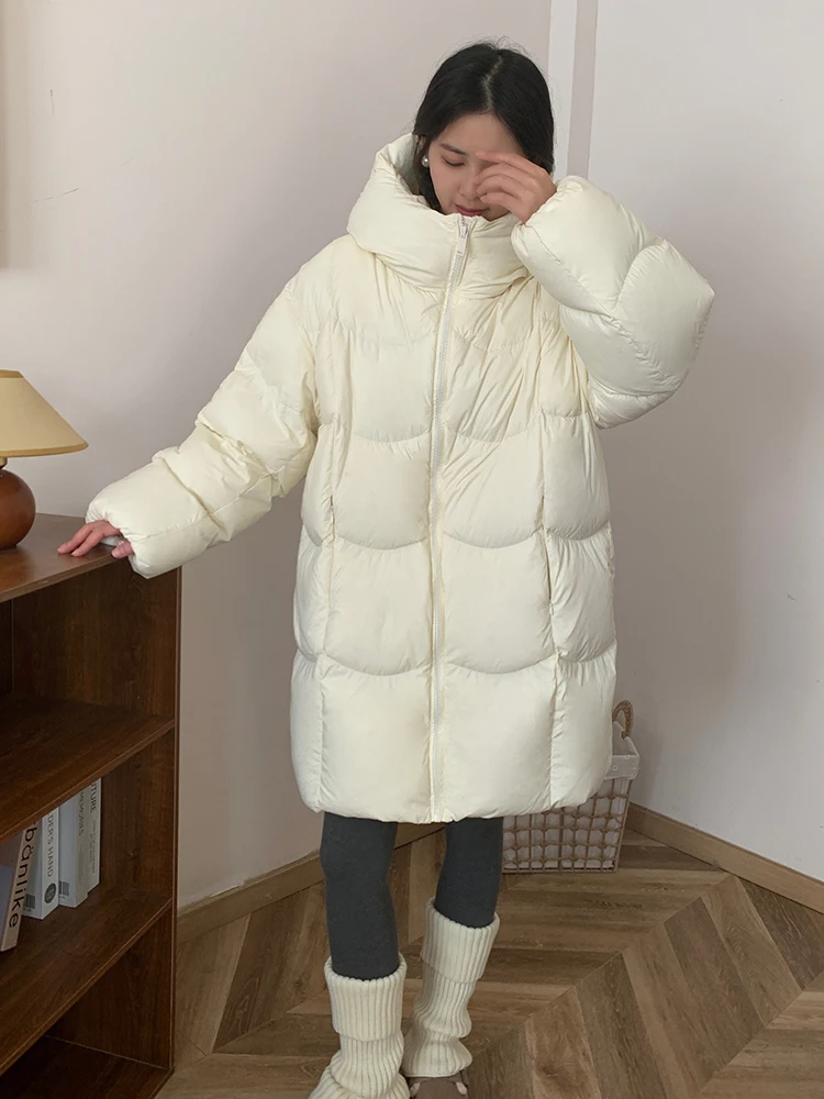 Winter Solid Medium to Long Hooded Down Jacket Female Loose Thick Warm Quilted Jacket Coat Women White Duck Down Parker Outwears