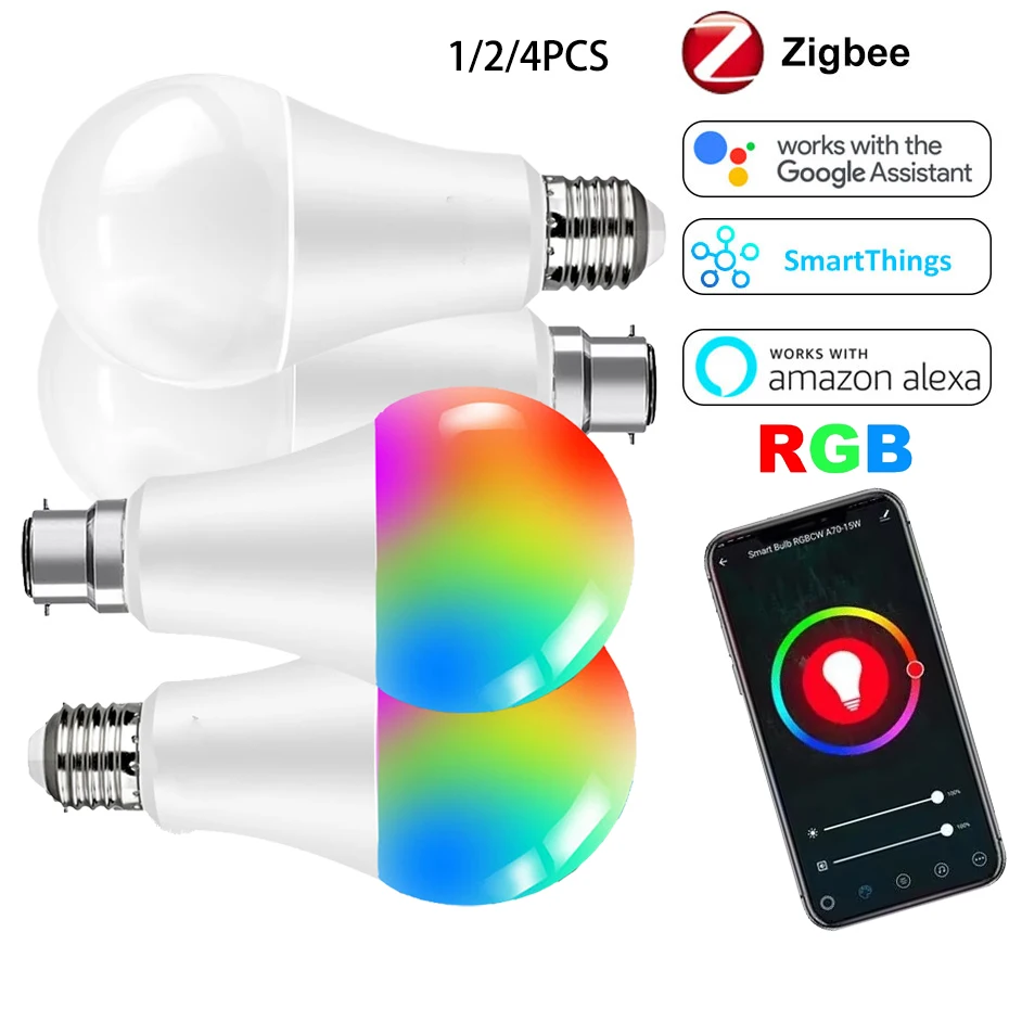 Zigbee 3.0 Compatible Smart Light Bulb E27 B22 15W RGB Color Changing Dimmable Works with Alexa Google Home Voice Command
