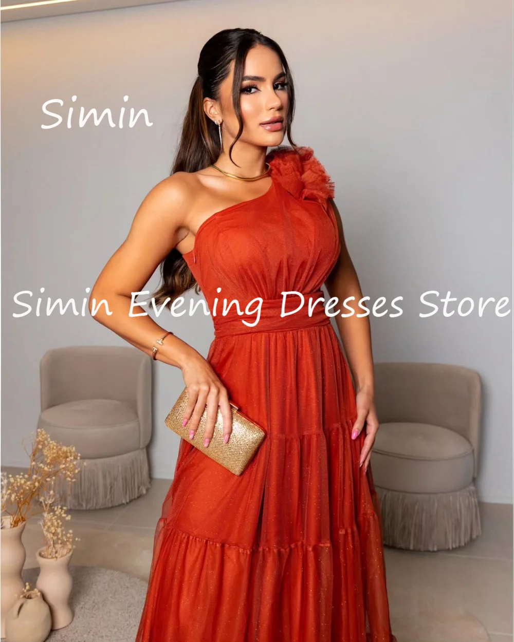 Simin-Vestido feminino em chiffon linha A com babados de um ombro, vestido de baile formal árabe, até o chão, noite saudita, vestidos de festa elegantes, 2023