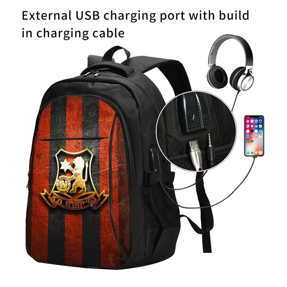 Israel Bnei Yehuda Tel Aviv Fc Large Durable Travel Laptop Backpack Water Resistant Bag with USB Charging Port Business Daypack