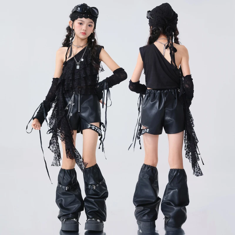 Kpop الفتيات ملابس رقص الجاز الأسود بلوزات من الدانتيل السراويل الجلدية العجل الأكمام الهيب هوب أداء الملابس الحفل المرحلة ارتداء BL16210 #3