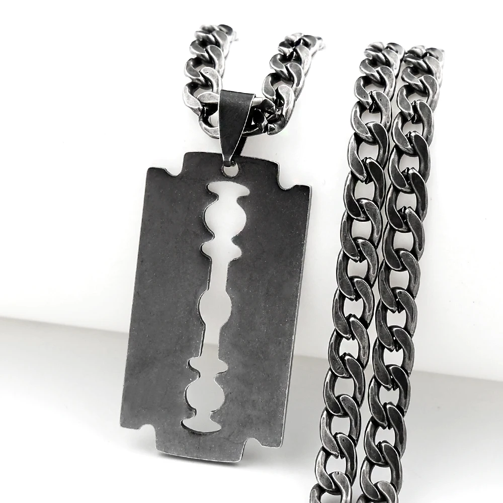 Punk Rock Blade Razor Shape Pendant for Women Men Stainless Steel Black Color Cool Boy Male Chain Necklace Jewelry N913S06