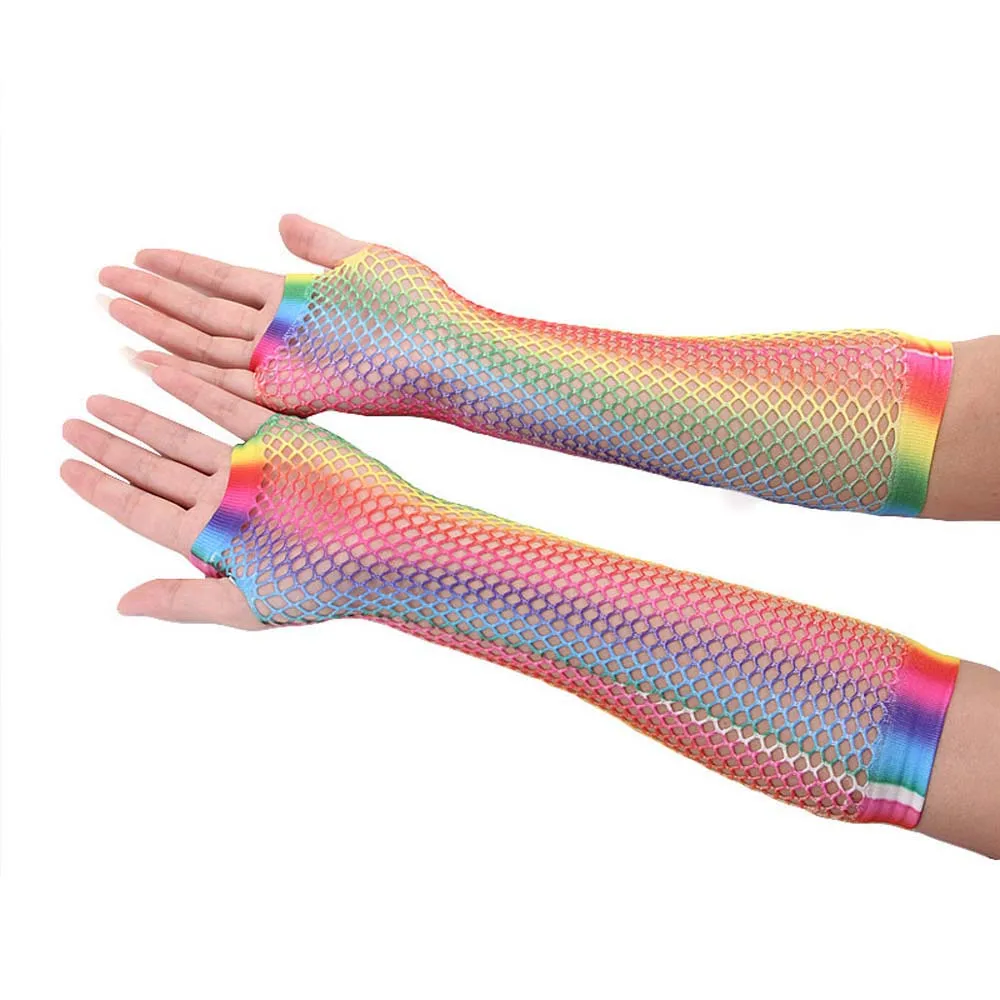 

Elasticity Korean Party For Women Girl Long Half Finger Rainbow Color Gloves Arm Sleeves Fishing Net Gloves Nylon