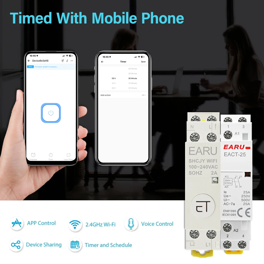 AC 100-240V 2A Din Rail WiFi Auxiliary Contactor Controller Timer Work with Modular Contactor eWeLink APP Alexa Google Assistant
