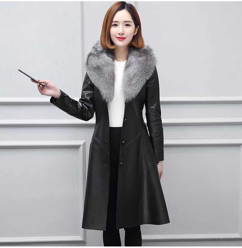 

2023 New 100% Real Leather Coat with Fur Collar Luxury Sheepskin Leather Jackets Women Spring Autumn clothes Elegant V