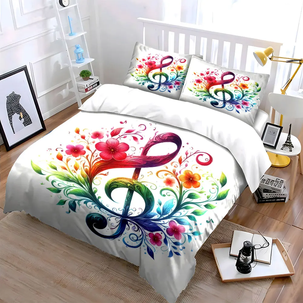 Vibrant floral entwined musical note Pattern Duvet Cover Set Digital Print Colorful Polyester Bedding with Zipper Closur